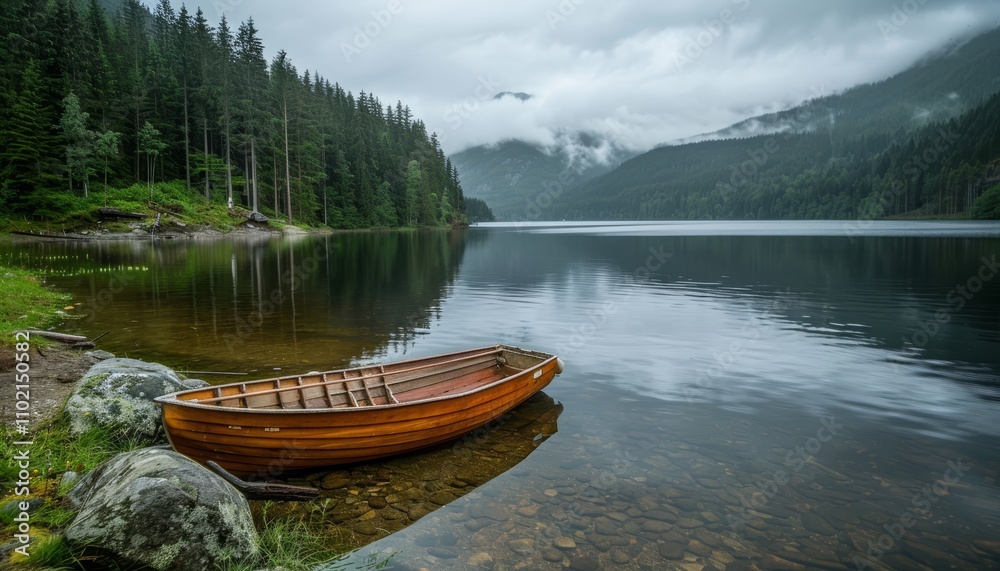 Serene lake scene with lush green trees and a tranquil boat gently floating on the water Serene lake scene with lush green trees and a tranquil boat gently floating on the water