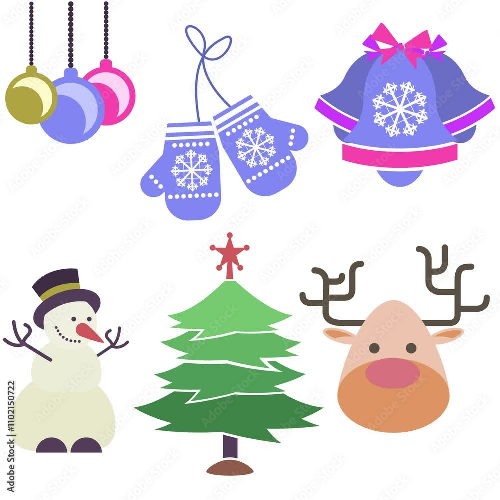 Holiday themed video includes snowman, reindeer, Christmas tree, mittens, bells, and various colorful ornaments. Perfect for seasonal design, decorating, or creating festive projects Holiday themed video includes snowman, reindeer, Christmas tree, mittens, bells, and various colorful ornaments. Perfect for seasonal design, decorating, or creating festive projects