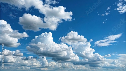 A large blue sky with several big fluffy cumulus clouds and a few smaller ones scattered around, open space, big cumulus clouds, , gentle breeze