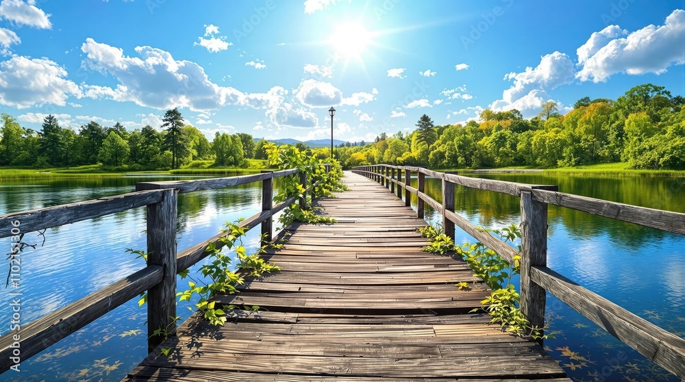 Naklejka premium A sturdy wooden bridge stretching over a tranquil river under a blue sky, river, sky, peaceful, serene