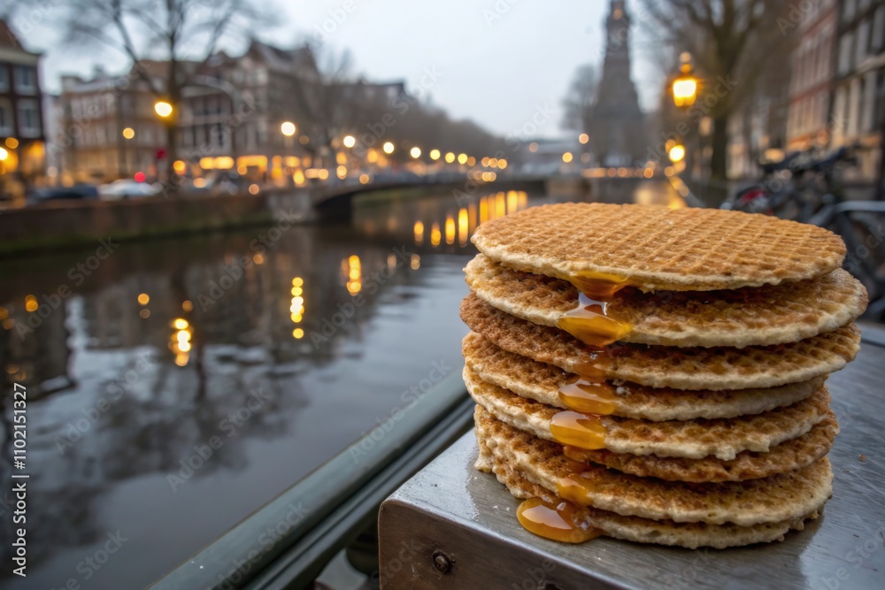 Taste of traditional stroopwafels by a picturesque canal in Amsterdam during a cloudy evening