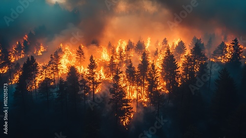 Overhead view of a forest engulfed in flames with dense smoke : Generative AI