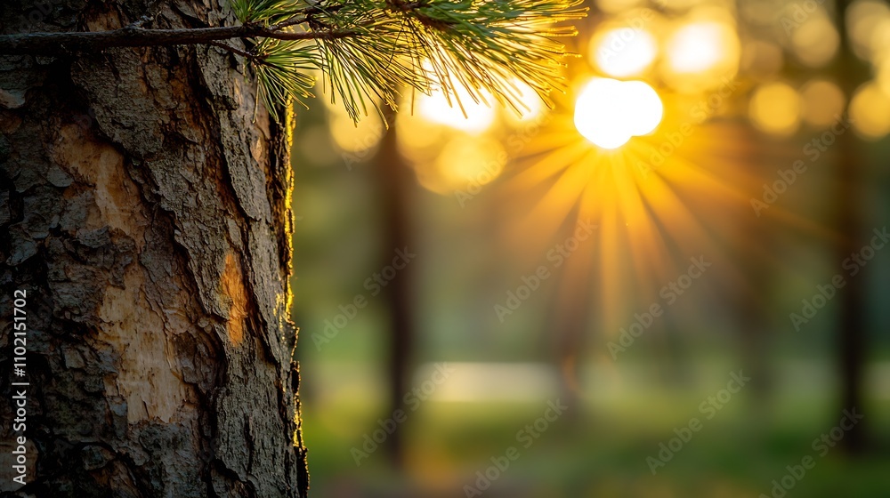 Obraz premium Rustic Forest Scene with Sunlight Piercing Through Pine Trees in Serene Environment : Generative AI