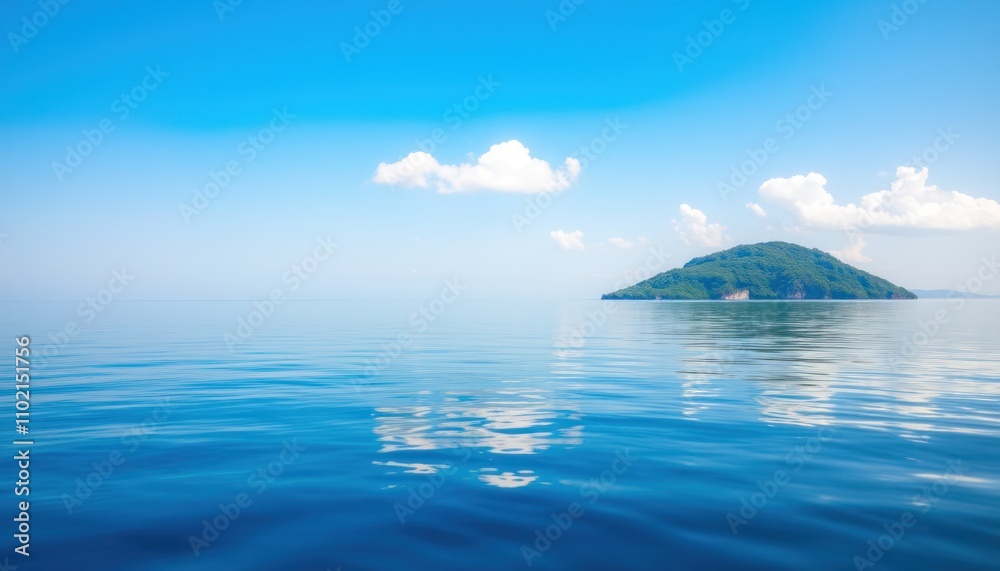 Serene island in calm ocean under blue sky. Serene island in calm ocean under blue sky.