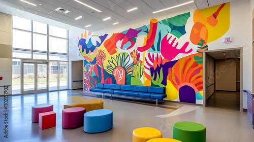 Vibrant mural adorns a modern waiting area with colorful seating. photo