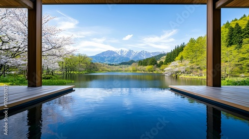 Scenic view of a tranquil lake framed by cherry blossoms and mountains. photo