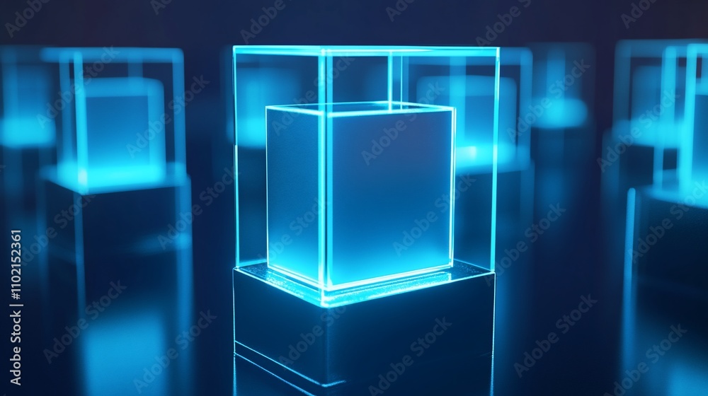 Glowing blue cube inside glass case on dark background. Glowing blue cube inside glass case on dark background.
