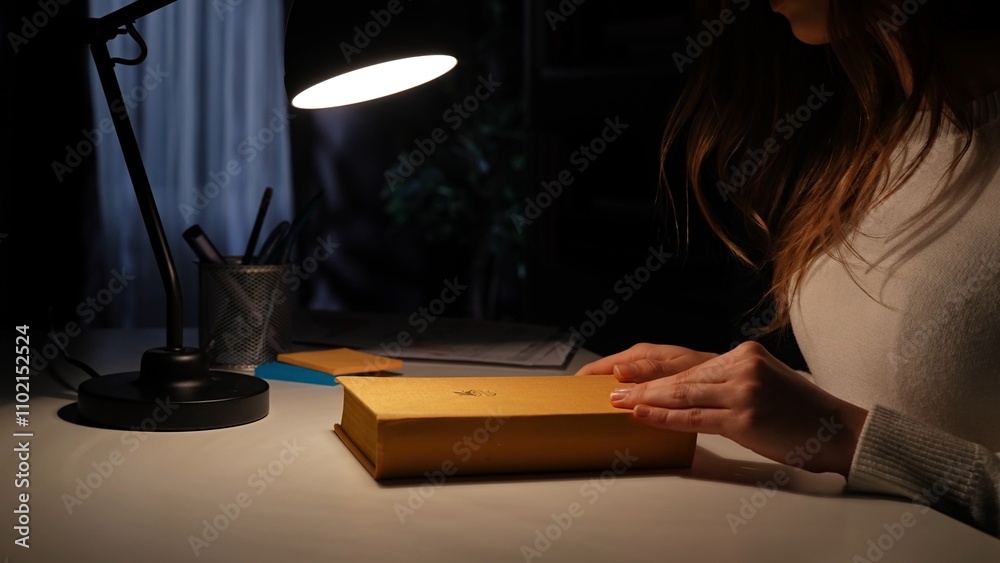 Obraz premium Adult business woman sitting at desk working late at night in dark office, looking at book, holding hands on the cover, late night self education.