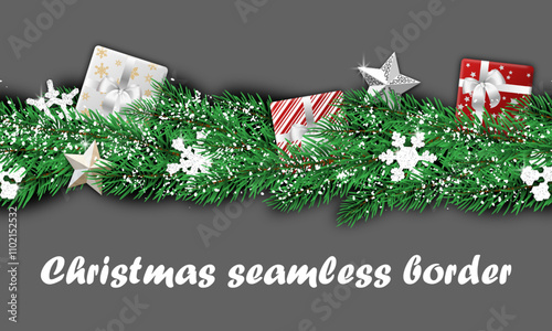 Christmas seamless border. an endless strip of fir branches, gift boxes and Christmas decorations. realistic vector graphic element for card, greeting, banner, brochure, website. christmastime vibe.
