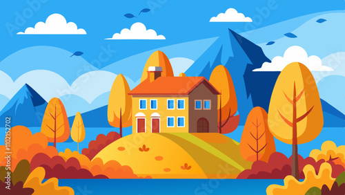 Colorful autumn landscape featuring a cozy town house surrounded by vibrant yellow trees and distant mountains under a clear sky