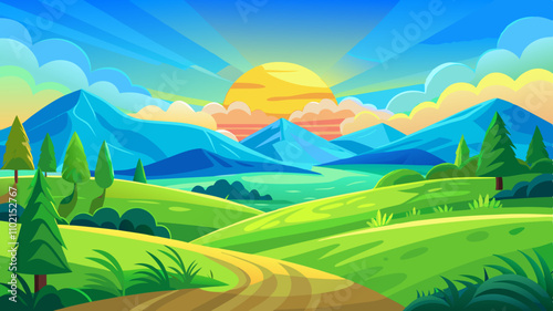 Summer fields landscape at dawn with mountains and vibrant sky illuminating the serene valley