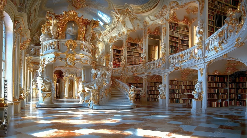Fototapeta premium Magnificent Baroque Library Interior with Ornate Architecture and Books