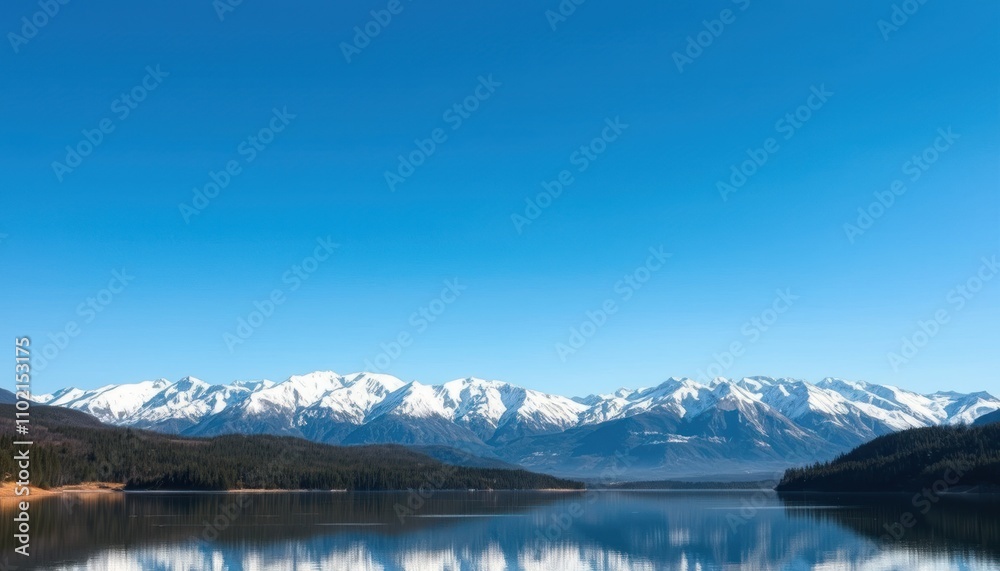 Naklejka premium Serene lake reflecting snow-capped mountains under a clear blue sky.