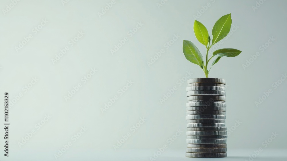 Economic Prosperity Visual Metaphor with Coins and Green Plant Economic Prosperity Visual Metaphor with Coins and Green Plant