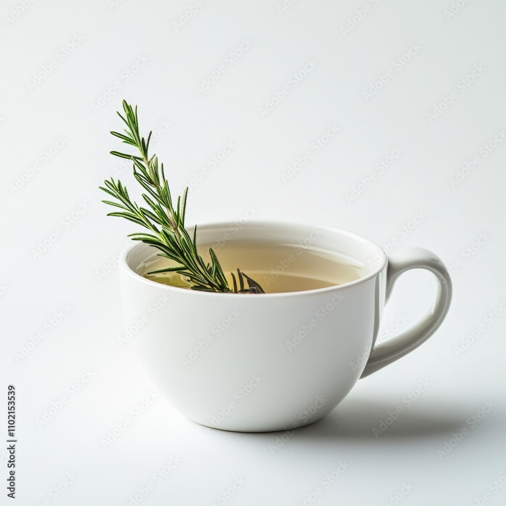 White Ceramic Cup Filled With Fragrant Herbal Oil and Green Herb White Ceramic Cup Filled With Fragrant Herbal Oil and Green Herb