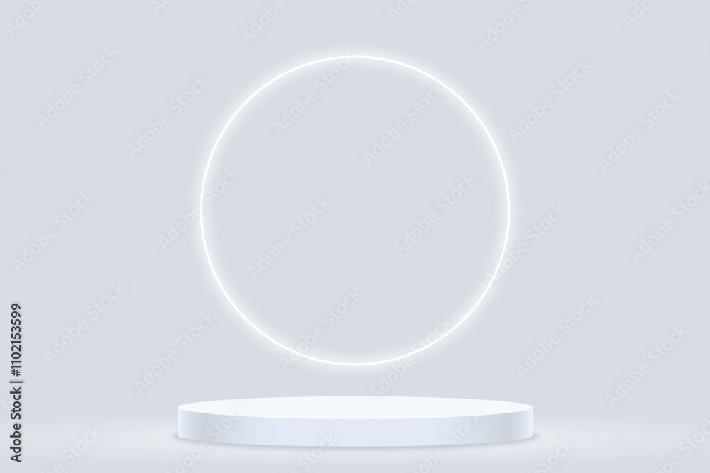 Light grey podium for product presentation with big white neon light in circle Light grey podium for product presentation with big white neon light in circle