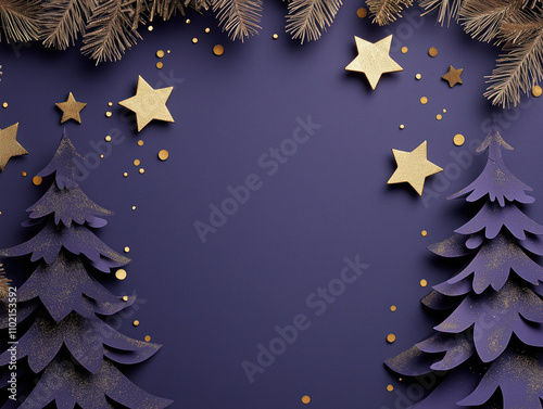 Dark Purple Holiday Background with Paper Christmas Trees, Golden Stars, Top View, Blank Copy Space in the Center, Festive Season, Winter Celebrations, Greeting Card Design