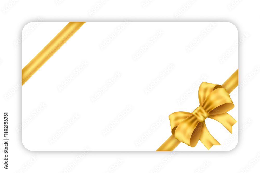 Mockup white gift card with two diagonal gold ribbon and bow isolated on white background Mockup white gift card with two diagonal gold ribbon and bow isolated on white background