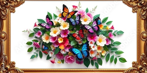 A stunning floral wreath adorned with colorful butterflies and lush green leaves is displayed in a elegant antique frame, flowers, branches