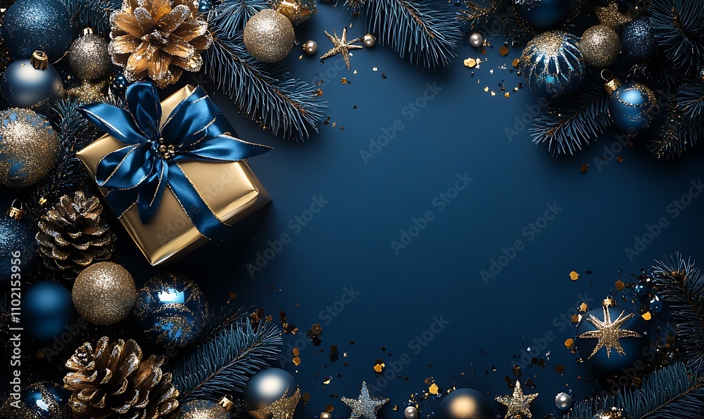 A beautiful top view Christmas present wrapped in gold paper with a blue ribbon, surrounded by festive ornaments and stars on a blue background. Perfect for holiday celebrations and gift-giving ideas A beautiful top view Christmas present wrapped in gold paper with a blue ribbon, surrounded by festive ornaments and stars on a blue background. Perfect for holiday celebrations and gift-giving ideas
