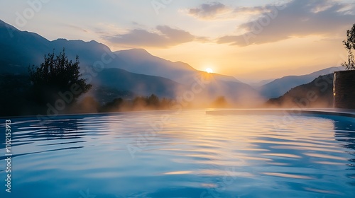 Picturesque Infinity Pool Sunset with Majestic Mountain Backdrop for Ultimate Relaxation Experience : Generative AI