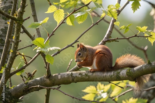 A tiny red squirrel curled up on a small branch of a deciduous tree basking in sunlight, woodland, deciduous tree, red squirrel, wildlife, forest floor