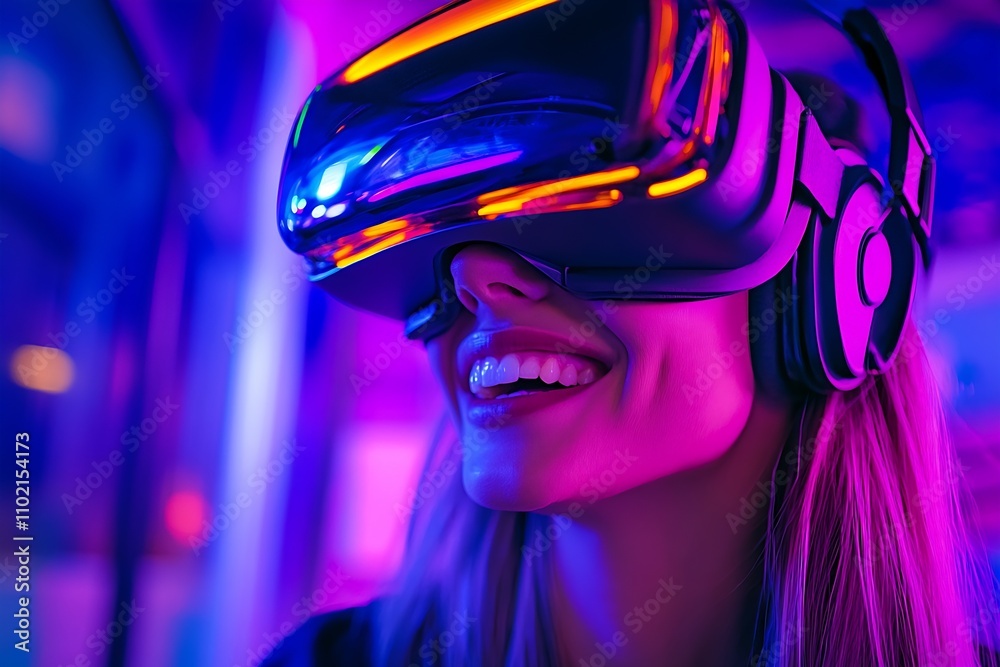 Young Woman Immersed in Futuristic Virtual Reality Experience with Vibrant Neon Lights : Generative AI Young Woman Immersed in Futuristic Virtual Reality Experience with Vibrant Neon Lights : Generative AI