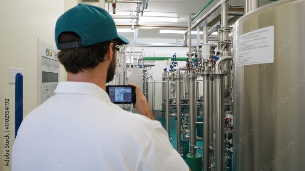 Technician Monitoring Industrial Equipment in a Manufacturing Facility Technician Monitoring Industrial Equipment in a Manufacturing Facility