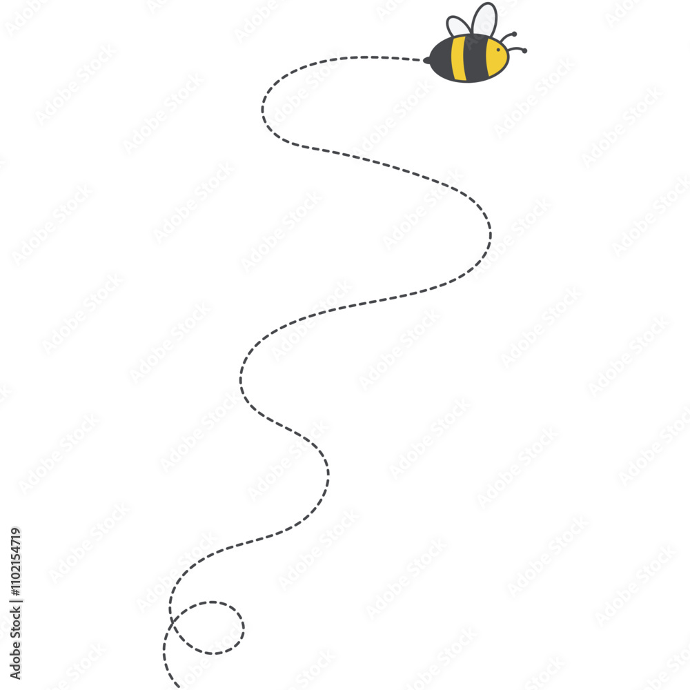 Bee flying path. Bee flying in a dotted line. Bee flying path. Bee flying in a dotted line.