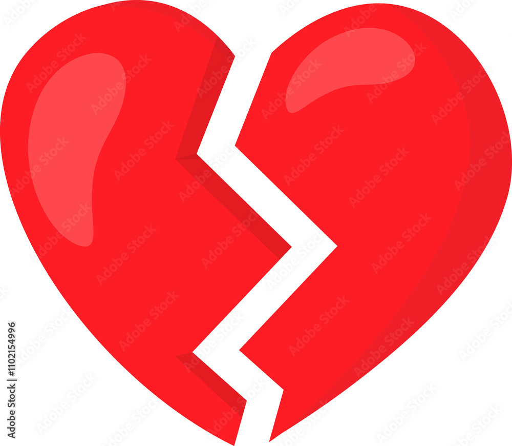 Shiny red heart broken in the middle with a jagged black line, split into two uneven halves.
Shiny red heart broken in the middle with a jagged black line, split into two uneven halves.