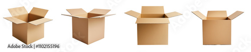 Side view of opened cardboard box collection isolated on transparent background, Cut out PNG