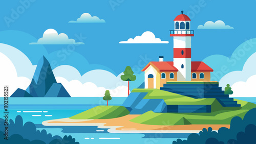 Lighthouse standing majestically on the seashore with vibrant colors and a serene seaside landscape at midday