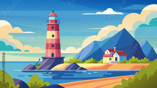 Colorful lighthouse stands tall on the seashore with mountains in the backdrop during a bright day