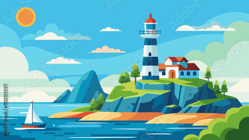 Lighthouse overlooking the ocean with sailboat and rocky coastline on a sunny day