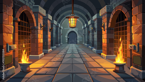 Illuminated medieval castle dungeon hallway with stone arches and flickering torches