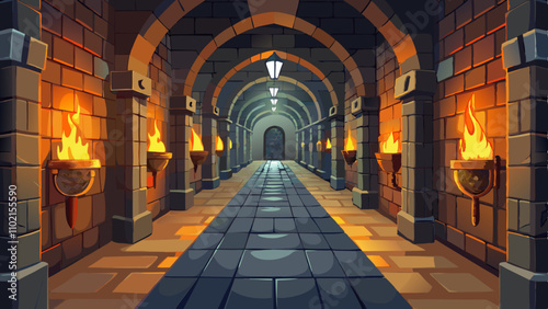 Illuminated medieval dungeon hallway with flickering torches and stone arches in a castle