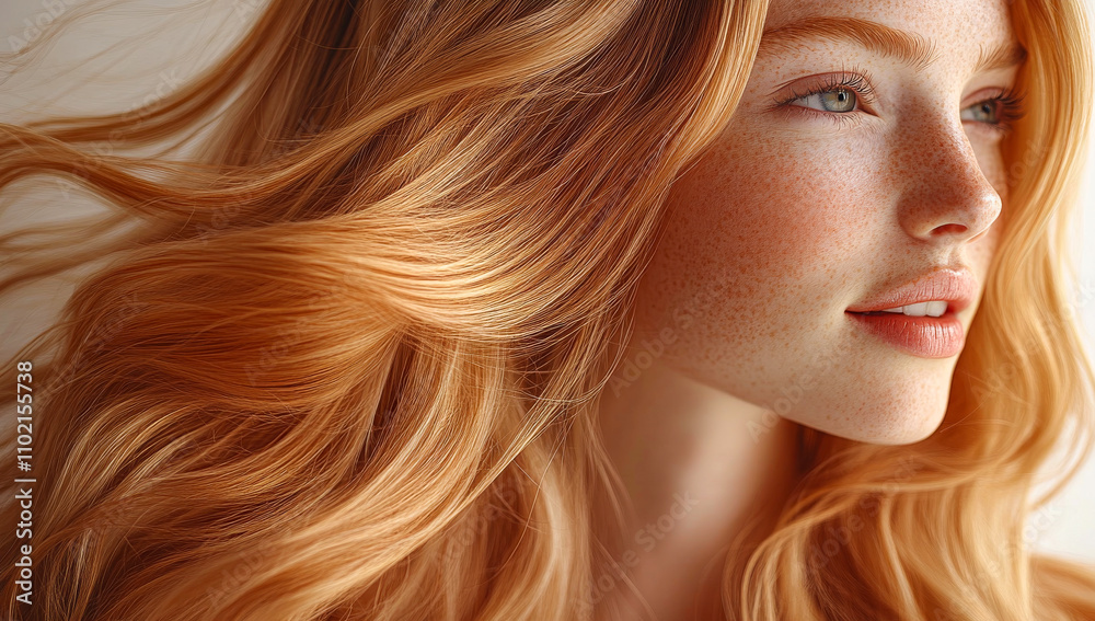 A woman with long red hair and freckles on her face. She has a smile on her face A woman with long red hair and freckles on her face. She has a smile on her face