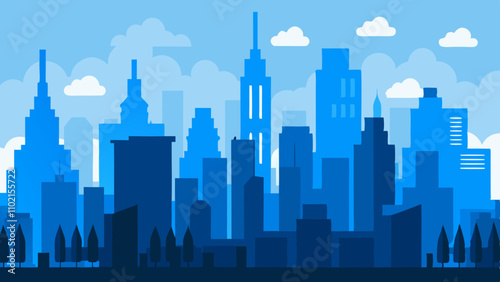 Silhouette of a modern cityscape featuring iconic skyscrapers and clouds against a blue background during the day