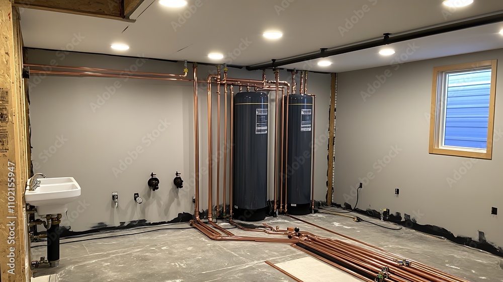 Fototapeta premium Basement with two large copper hot water tanks, copper piping, and a sink.