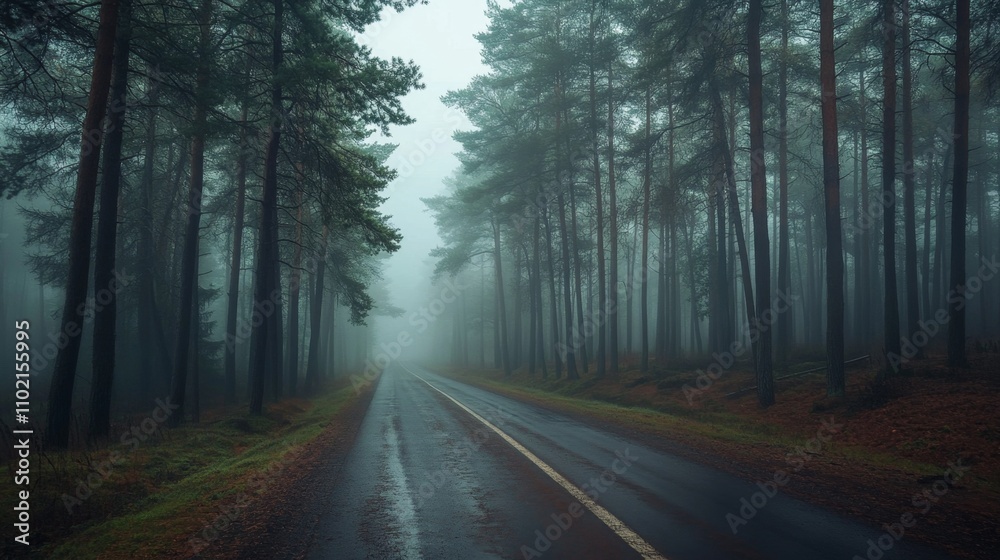 Fototapeta premium Foggy Forest Road Surrounded by Pine Trees in Eerie Atmosphere