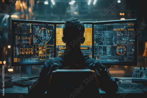 Wallpaper Mural Engineer Manager monitors and controls robotic arm automation system in factory using software. Torontodigital.ca