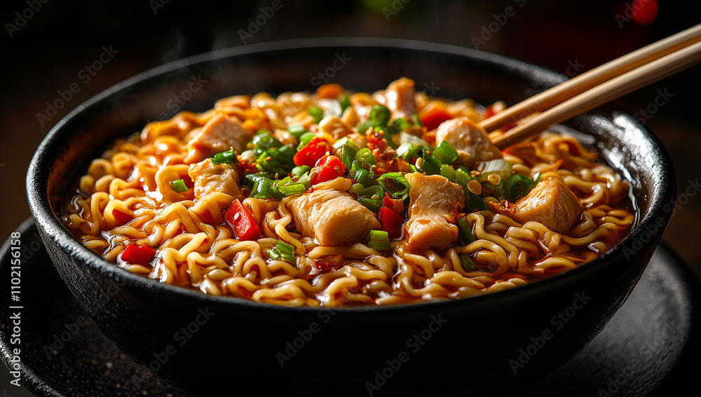 A bowl of ramen noodles with chicken and green onions. The noodles are in a black bowl and the chopsticks are in the bowl A bowl of ramen noodles with chicken and green onions. The noodles are in a black bowl and the chopsticks are in the bowl