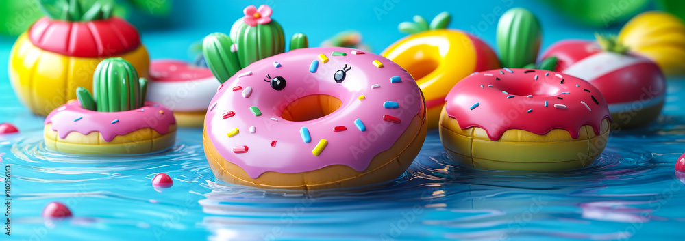 A group of donuts floating in a pool of water. The donuts are in various colors and sizes, with one of them being pink. The scene is playful and whimsical A group of donuts floating in a pool of water. The donuts are in various colors and sizes, with one of them being pink. The scene is playful and whimsical