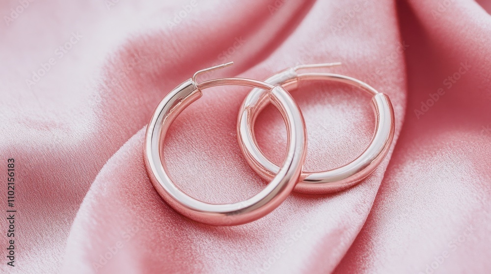 Elegant Silver Hoop Earrings on Soft Pink Satin Fabric Background Elegant Silver Hoop Earrings on Soft Pink Satin Fabric Background