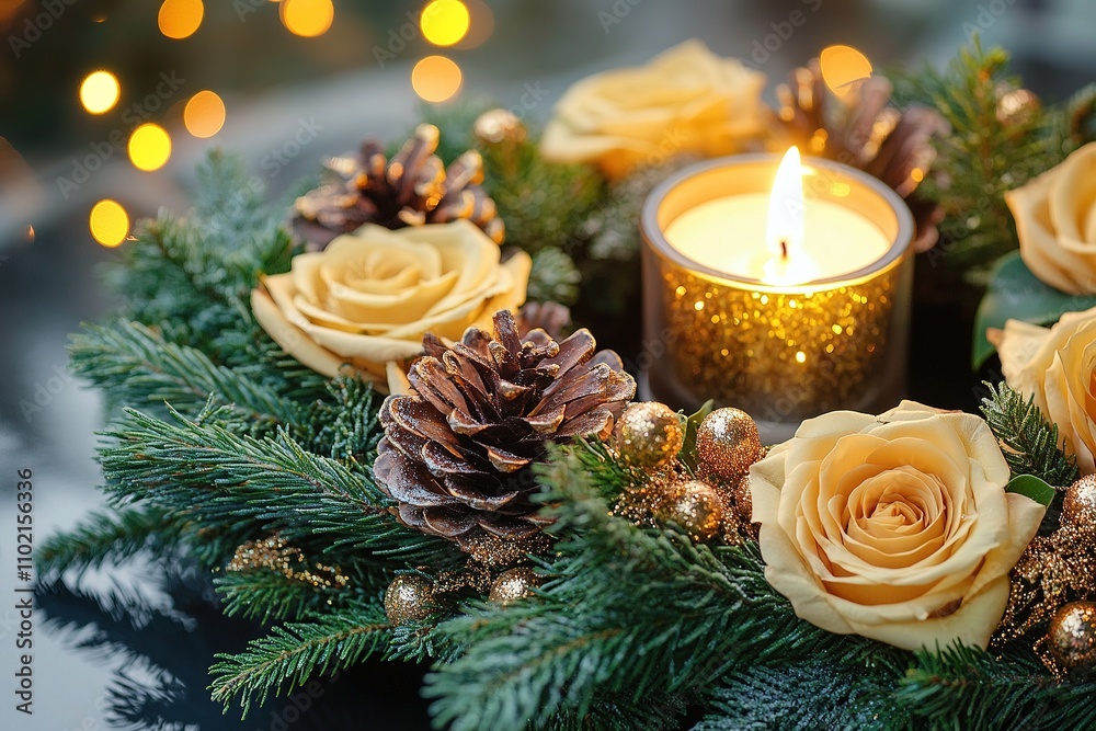 Christmas wreath with roses, pinecones, and candle. Christmas wreath with roses, pinecones, and candle.