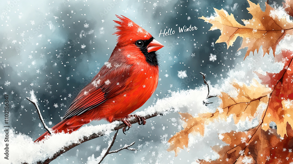 Watercolor illustration of a red cardinal perched on snowy branches, text above reads 'Hello Winter'. Watercolor illustration of a red cardinal perched on snowy branches, text above reads 'Hello Winter'.