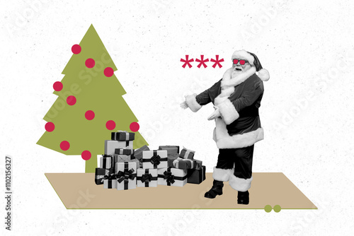 Composite photo collage of happy old man santa claus show present pile new year tree decor suprise xmas isolated on painted background photo