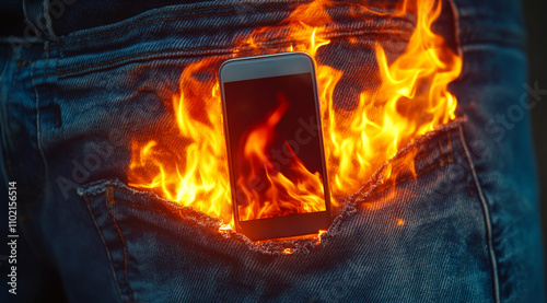 A phone is burning in a pocket. Concept of danger and urgency. The phone is the main focus of the image, and the fire is the secondary element