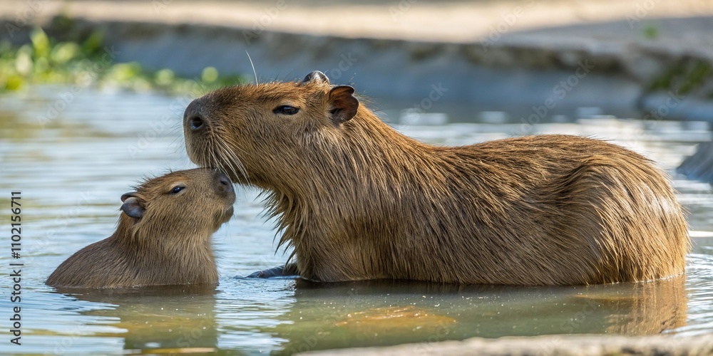 Capybara mother and child snuggled up together in the warm waters of their aquatic habitat, waterborne companionship, hermitage life, social connection Capybara mother and child snuggled up together in the warm waters of their aquatic habitat, waterborne companionship, hermitage life, social connection