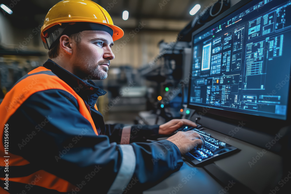 Engineer Manager monitors and controls robotic arm automation system in factory using software. Engineer Manager monitors and controls robotic arm automation system in factory using software.